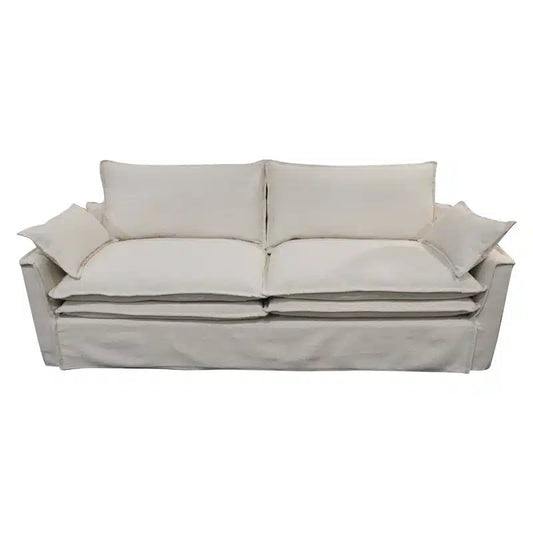 A contemporary three-seater sofa in a soft grey linen blend, designed for everyday comfort with a refined, tailored look.