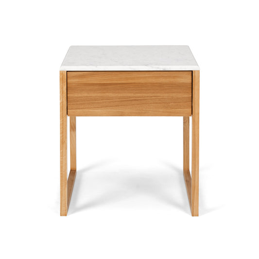 Wooden side table with white marble top and single drawer from a furniture and homewares store in christchurch