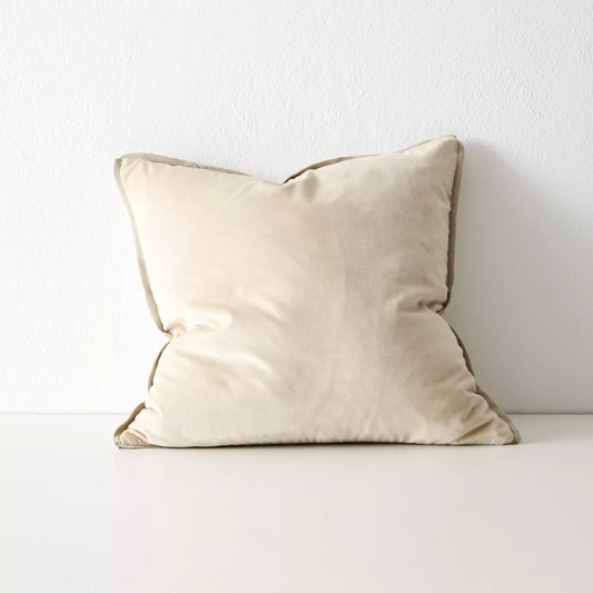 Plush velvet cushion with linen micro-flange detailing
