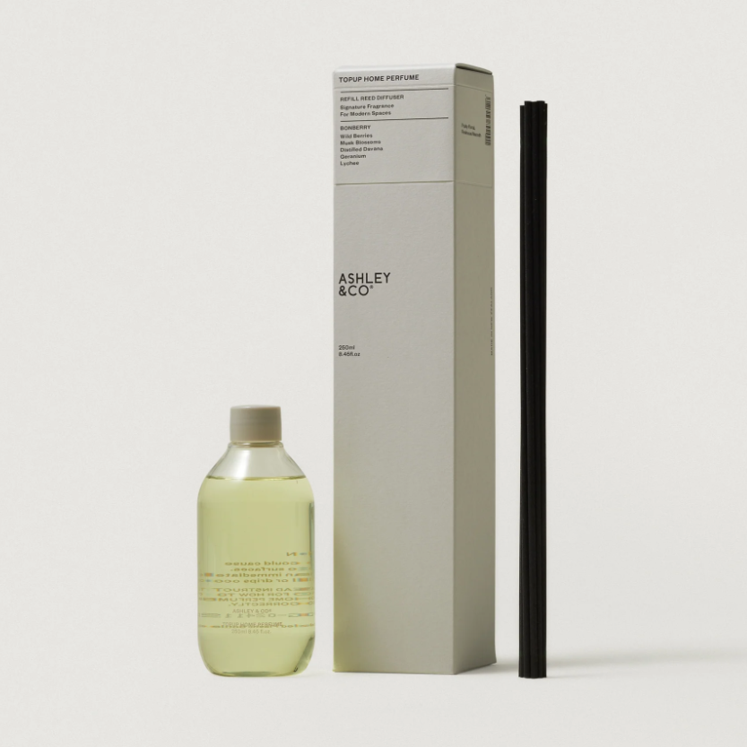 Ashley & Co refill home perfume set featuring a clear bottle filled with pale yellow liquid, a tall white box with black text, and a single black reed stick, photographed on a clean off-white background.