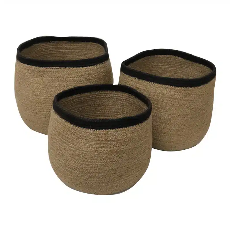 Three woven baskets with black rims on a white background