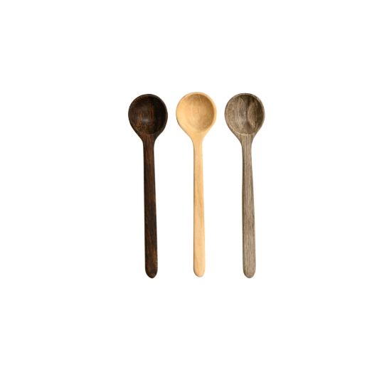 Three wooden spoons of different colors