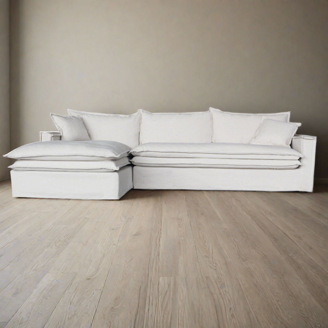 Miami Chaise Lounge Sofa in neutral fabric with feather cushions