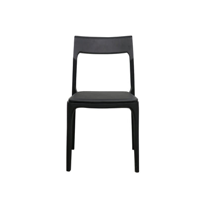 A sleek, stackable dining chair combining contemporary design with versatile upholstery options in leather or fabric.
