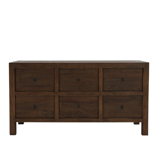 A timeless six-drawer buffet crafted from reclaimed elm, offering generous storage with natural warmth and refined simplicity.