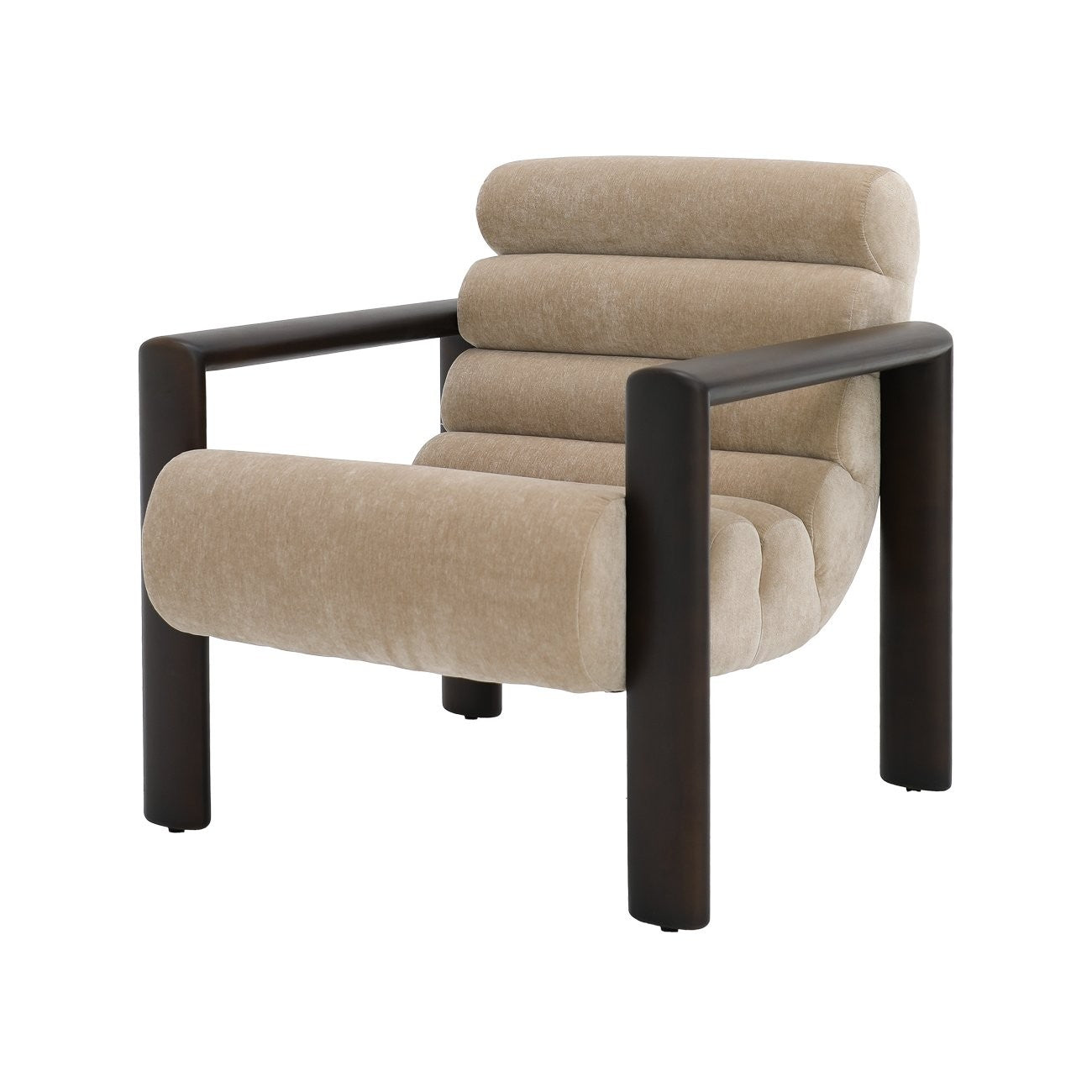 A bold, sculptural accent chair with channelled velvet upholstery and distinctive timber arms.