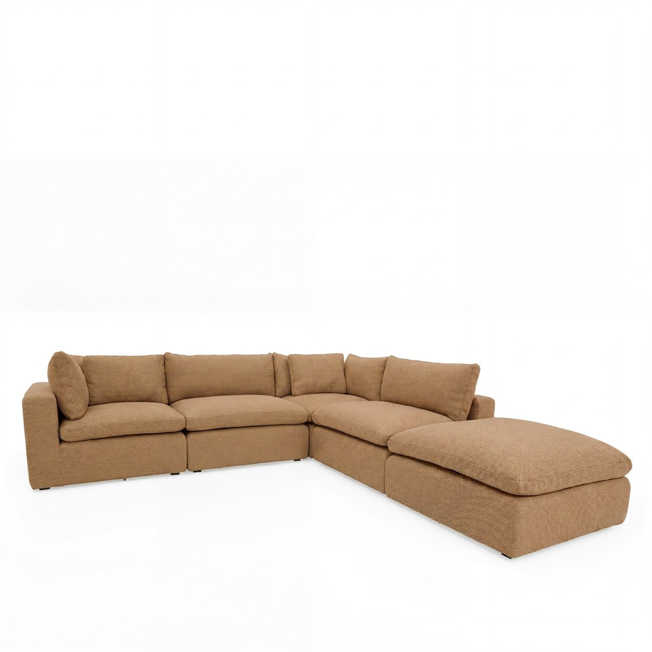 A luxurious modular sofa designed for cloud-like comfort, featuring deep seating, feather-filled cushions, and a flexible five-piece configuration.