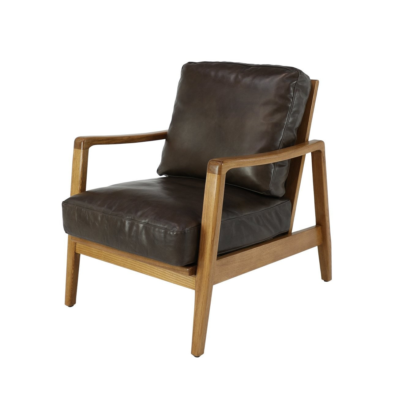 The Reid Armchair blends contemporary design with premium comfort, featuring hand-dyed leather, a sculptural strap backrest with brass buckle detail, and a supportive foam and feather cushion combination.