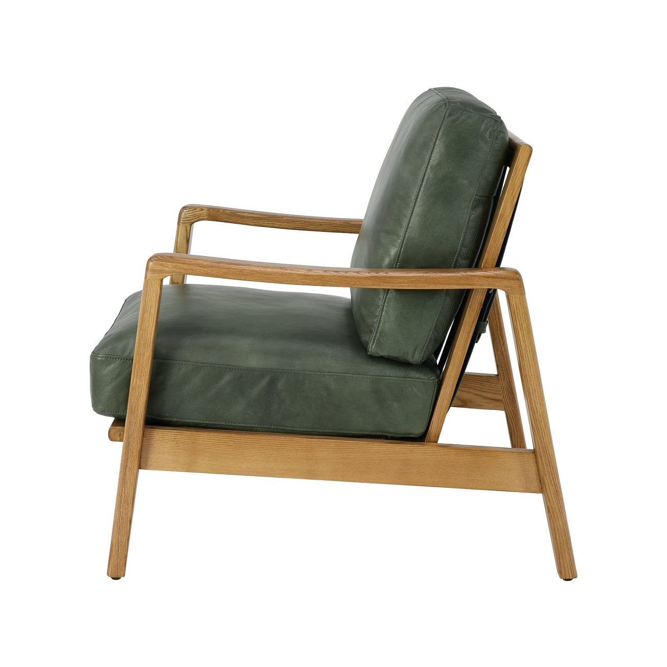 The Reid Armchair blends contemporary design with premium comfort, featuring hand-dyed leather, a sculptural strap backrest with brass buckle detail, and a supportive foam and feather cushion combination.