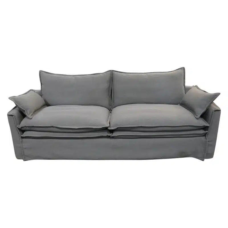 A contemporary three-seater sofa in a soft grey linen blend, designed for everyday comfort with a refined, tailored look.
