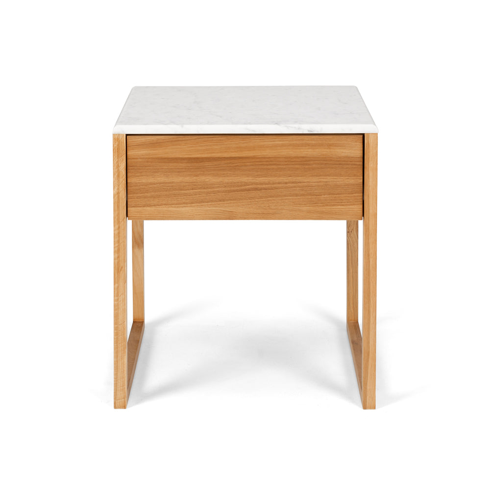 Wooden side table with white marble top and single drawer from a furniture and homewares store in christchurch