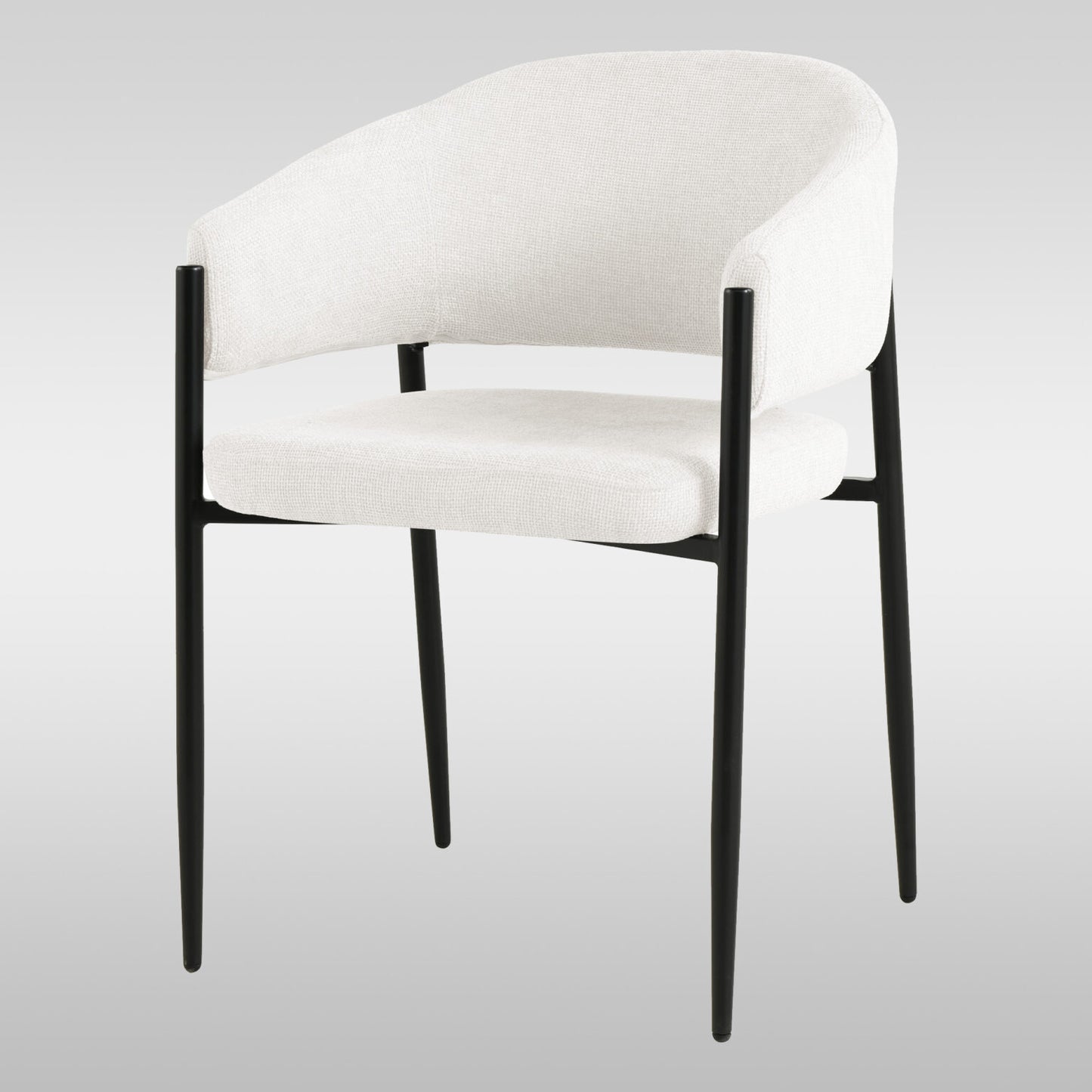 A modern dining chair in a soft cream fabric, featuring a sleek powder-coated steel frame and comfortable upholstered seat.