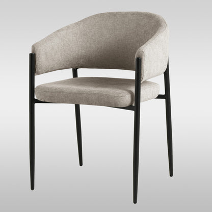A modern dining chair in a soft cream fabric, featuring a sleek powder-coated steel frame and comfortable upholstered seat.