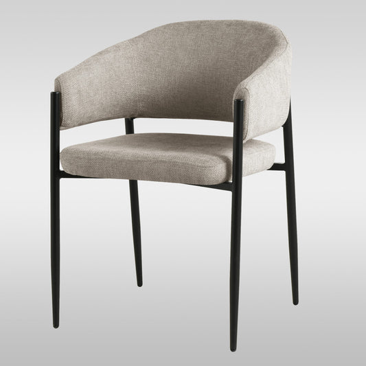 A modern dining chair in a soft cream fabric, featuring a sleek powder-coated steel frame and comfortable upholstered seat.