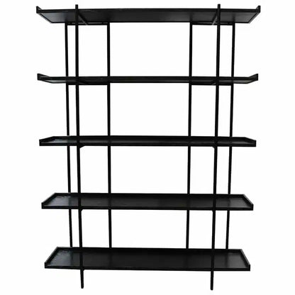 A bold, industrial-style bookcase combining oak shelving with a sleek black iron frame.