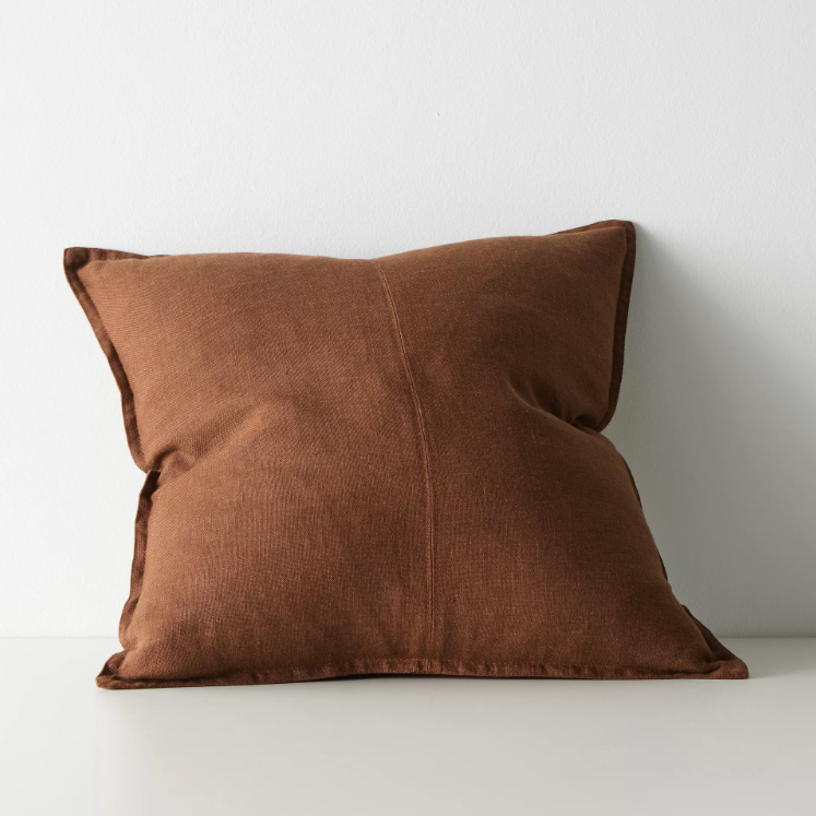Shop the Como cushion – premium European linen, stonewashed for soft texture, with French seam detailing. Available in 50x50cm, 60x60cm, and 40x60cm lumbar sizes.