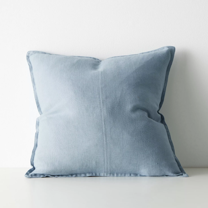 Shop the Como cushion – premium European linen, stonewashed for soft texture, with French seam detailing. Available in 50x50cm, 60x60cm, and 40x60cm lumbar sizes.