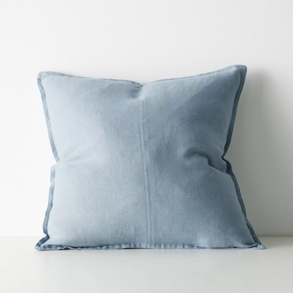 Shop the Como cushion – premium European linen, stonewashed for soft texture, with French seam detailing. Available in 50x50cm, 60x60cm, and 40x60cm lumbar sizes.