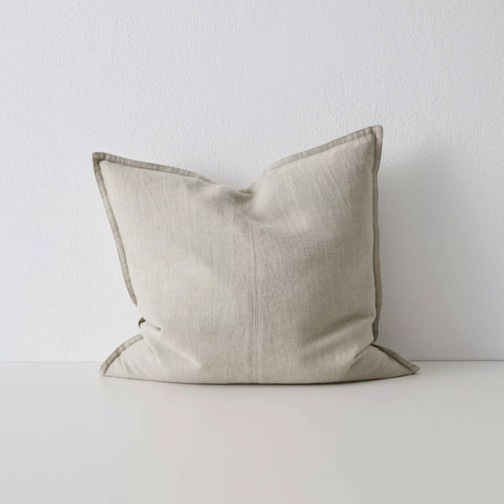 Shop the Como cushion – premium European linen, stonewashed for soft texture, with French seam detailing. Available in 50x50cm, 60x60cm, and 40x60cm lumbar sizes.