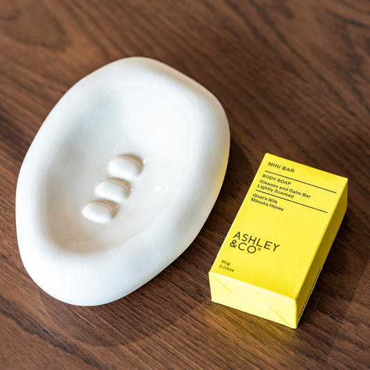 Bathroom essentials; soap and holder