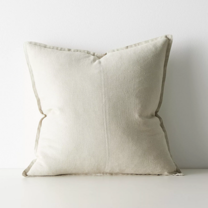 Shop the Como cushion – premium European linen, stonewashed for soft texture, with French seam detailing. Available in 50x50cm, 60x60cm, and 40x60cm lumbar sizes.