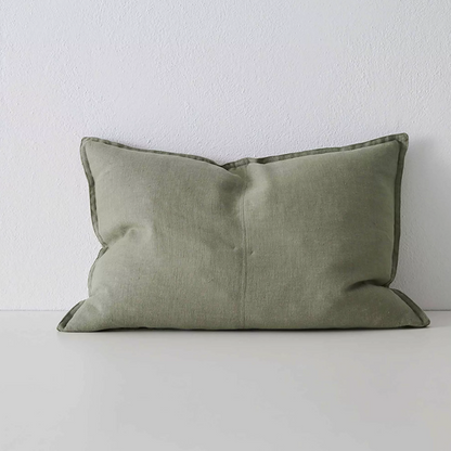Shop the Como cushion – premium European linen, stonewashed for soft texture, with French seam detailing. Available in 50x50cm, 60x60cm, and 40x60cm lumbar sizes.
