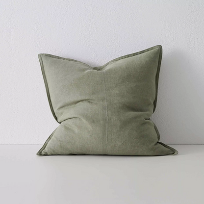 Shop the Como cushion – premium European linen, stonewashed for soft texture, with French seam detailing. Available in 50x50cm, 60x60cm, and 40x60cm lumbar sizes.