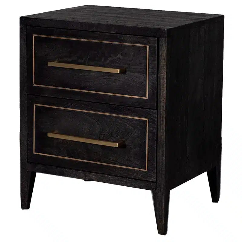 A bold and refined bedside table featuring distressed black mango wood, sleek metal framing, and subtle brass accents.
