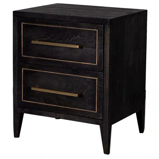 A bold and refined bedside table featuring distressed black mango wood, sleek metal framing, and subtle brass accents.