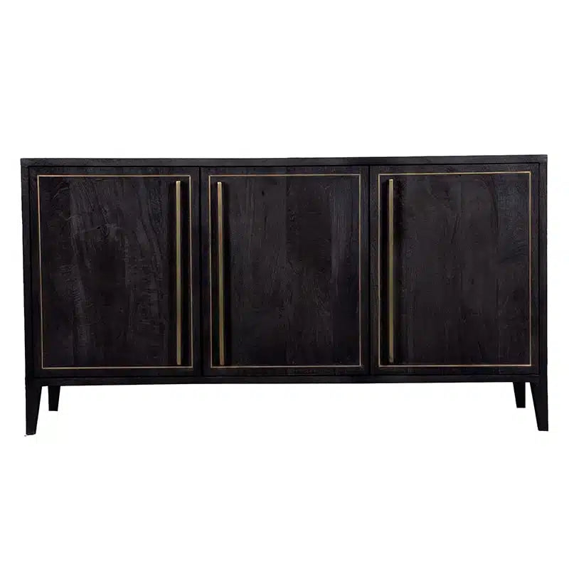 A bold, contemporary sideboard crafted from distressed black mango wood with metal framing and brass accents.