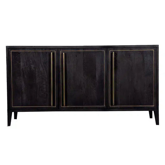 A bold, contemporary sideboard crafted from distressed black mango wood with metal framing and brass accents.