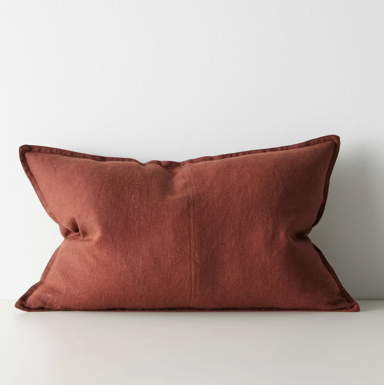 Shop the Como cushion – premium European linen, stonewashed for soft texture, with French seam detailing. Available in 50x50cm, 60x60cm, and 40x60cm lumbar sizes.