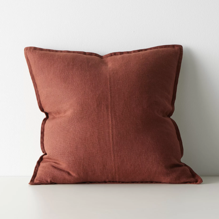 Shop the Como cushion – premium European linen, stonewashed for soft texture, with French seam detailing. Available in 50x50cm, 60x60cm, and 40x60cm lumbar sizes.