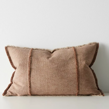 Shop the Adela cushion in 50x50cm or 40x60cm – a linen-cotton blend with textured weave and raw fringe detailing, perfect for layered contemporary styling.