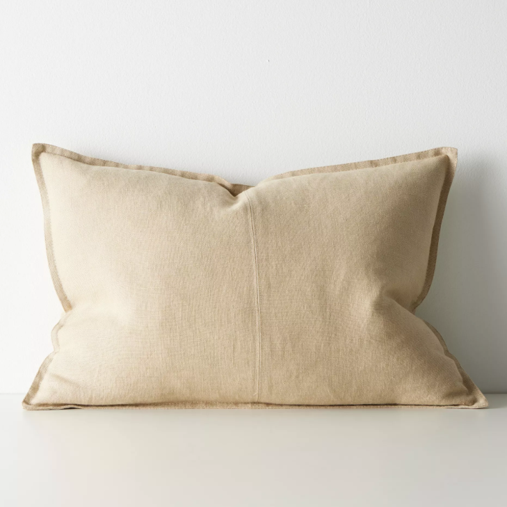 Shop the Como cushion – premium European linen, stonewashed for soft texture, with French seam detailing. Available in 50x50cm, 60x60cm, and 40x60cm lumbar sizes.