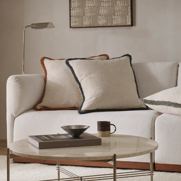 Darcy Cushion in off-white bouclé with chunky cotton fringe