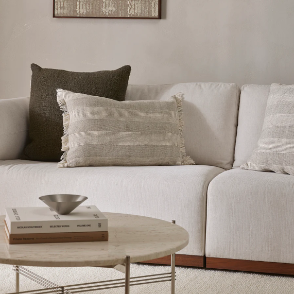 Carson Lumbar Cushion with woven stripe design and fringed edges