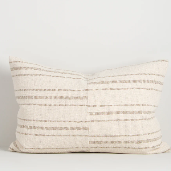 Duke Cushion in ecru cotton blend with asymmetrical linework