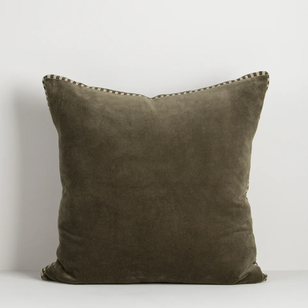 Edward Cushion in dusky green velvet with striped linen gussets