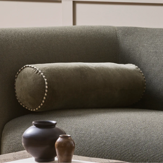 Elliot Bolster in dusky-green velvet with striped linen piping