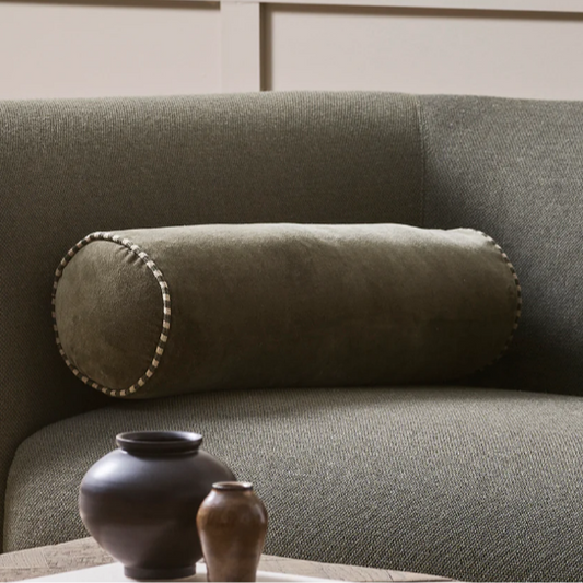 Elliot Bolster in dusky-green velvet with striped linen piping