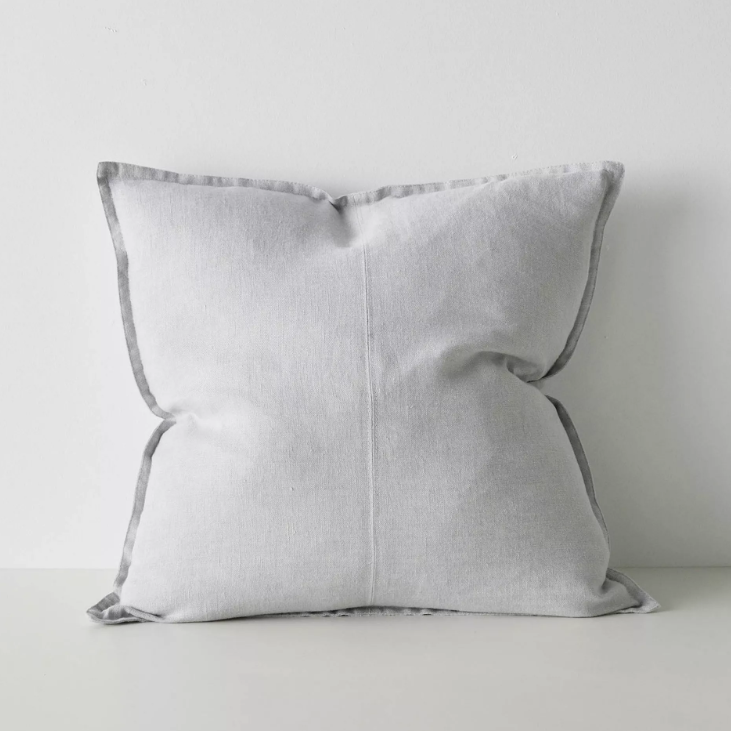 Shop the Como cushion – premium European linen, stonewashed for soft texture, with French seam detailing. Available in 50x50cm, 60x60cm, and 40x60cm lumbar sizes.