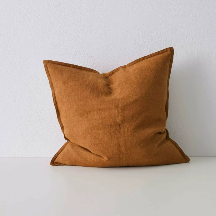 Shop the Como cushion – premium European linen, stonewashed for soft texture, with French seam detailing. Available in 50x50cm, 60x60cm, and 40x60cm lumbar sizes.