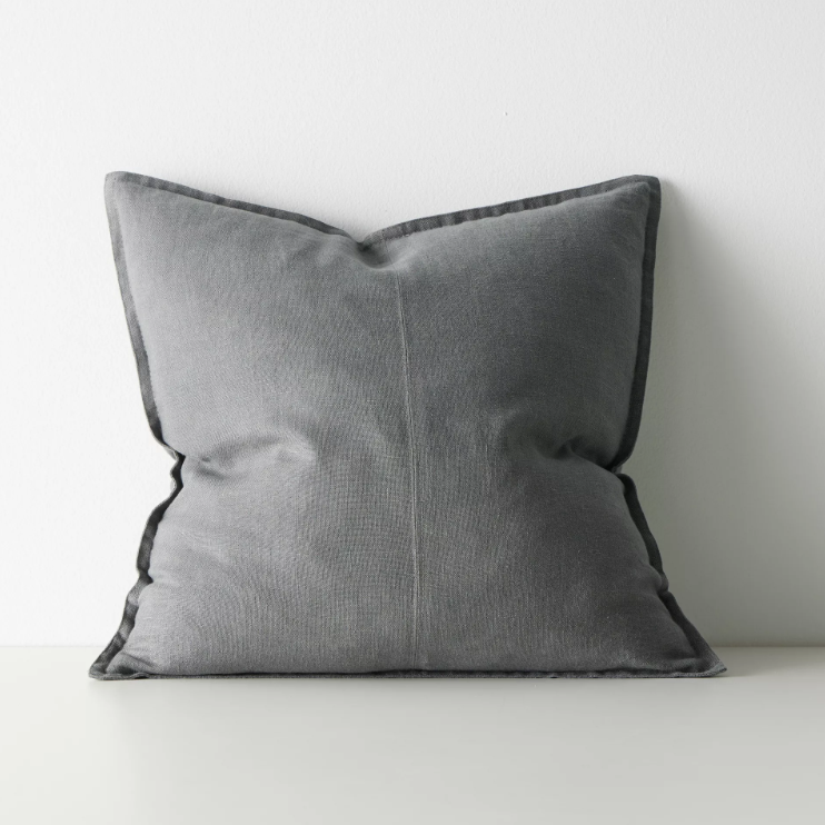 Shop the Como cushion – premium European linen, stonewashed for soft texture, with French seam detailing. Available in 50x50cm, 60x60cm, and 40x60cm lumbar sizes.