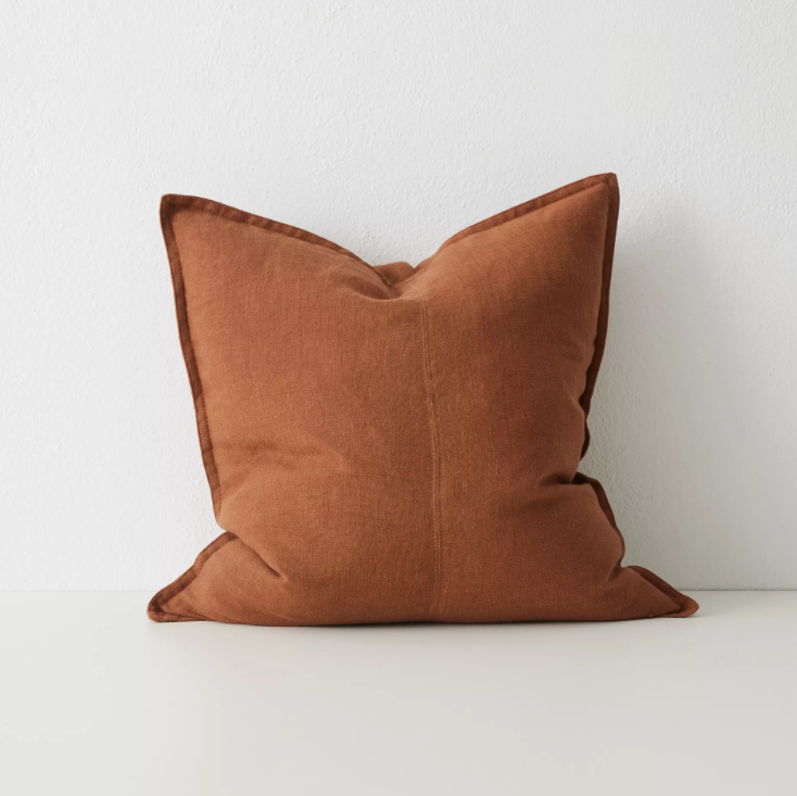 Shop the Como cushion – premium European linen, stonewashed for soft texture, with French seam detailing. Available in 50x50cm, 60x60cm, and 40x60cm lumbar sizes.