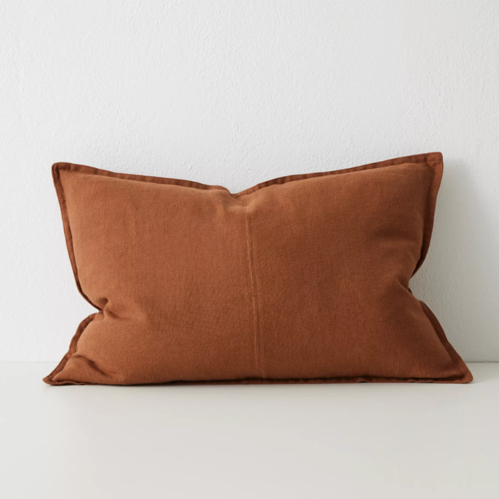 Shop the Como cushion – premium European linen, stonewashed for soft texture, with French seam detailing. Available in 50x50cm, 60x60cm, and 40x60cm lumbar sizes.