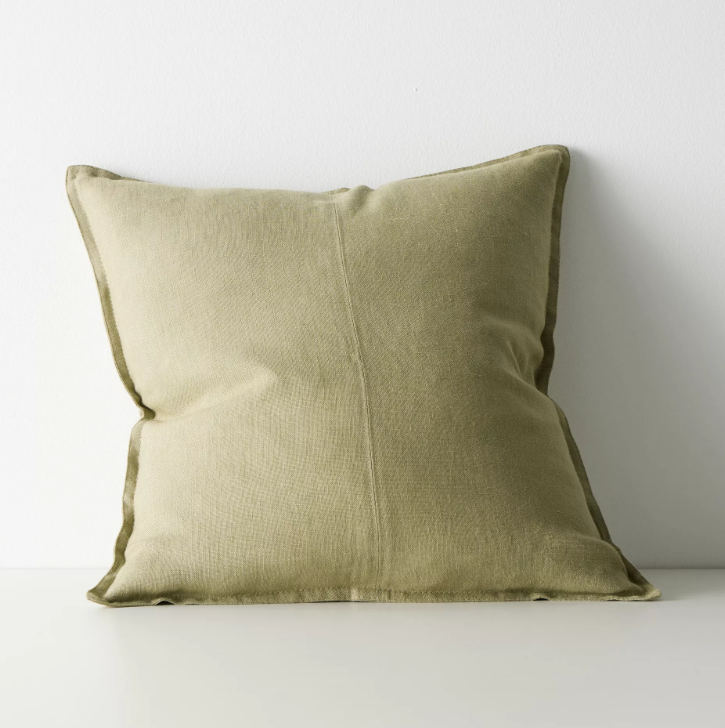 Shop the Como cushion – premium European linen, stonewashed for soft texture, with French seam detailing. Available in 50x50cm, 60x60cm, and 40x60cm lumbar sizes.