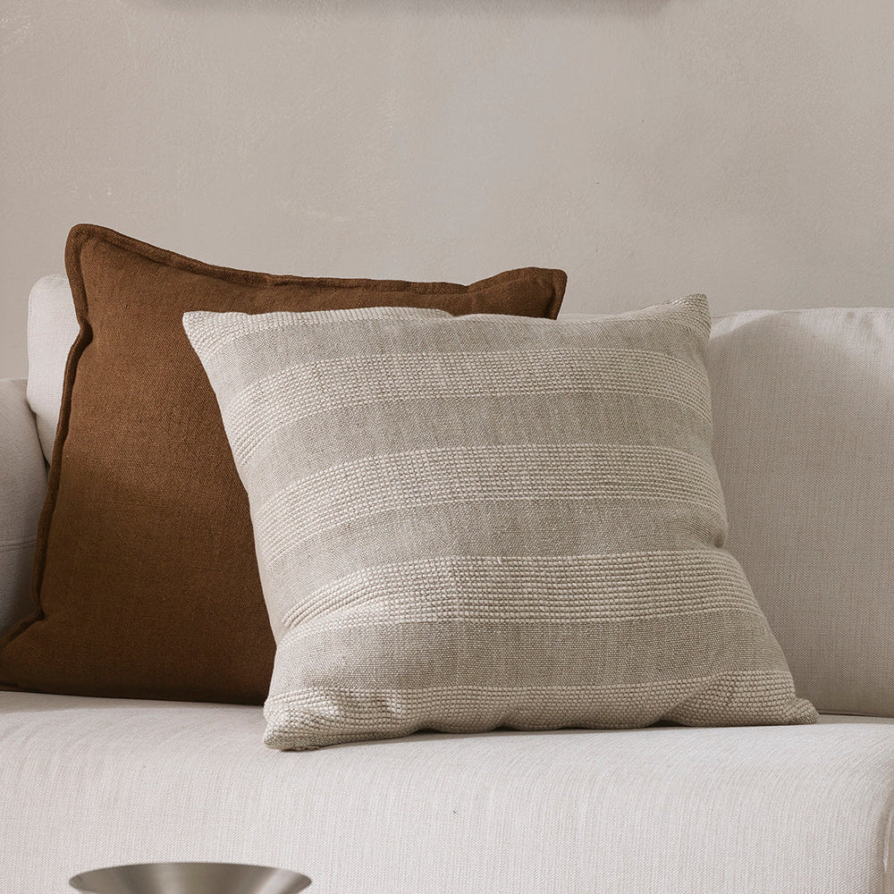 Beaumont Cushion with woven stripe embroidery in driftwood tones