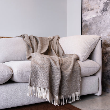 A textured beige and cream woven throw blanket with fringe is draped over a light gray fabric sofa in a modern living room setting.